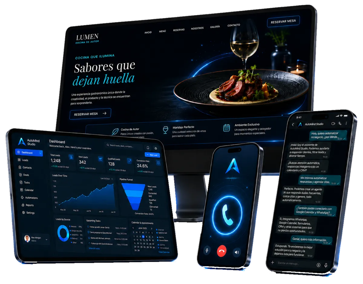 Ecosistema de productos de AutoMind Studio: web, dashboard, app y agente de voz